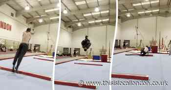 Watch the horrifying moment a gymnast broke his leg doing a 10m front flip 