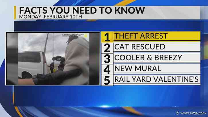 KRQE Newsfeed: Theft arrest, Cat rescued, Cooler and breezy, New mural, Rail Yard valentine's