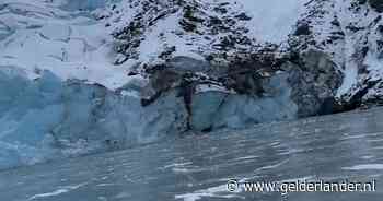 KIJK | Schaatsers ontsnappen aan de dood als gletsjer in bevroren meer stort