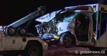 5 people hurt west of Edmonton after ambulance crashes with SUV