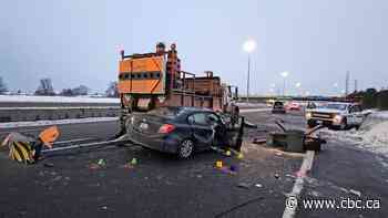 3 injured, 1 critically, after car crashes into MTO truck blocking Highway 401 lane in Scarborough