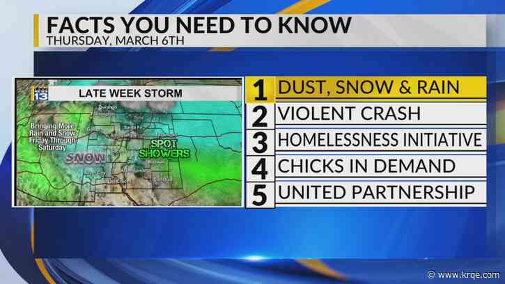 KRQE Newsfeed: Windy with rain and snow, Violent crash, Homelessness initiative, Chicks in demand, United partnership
