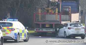 Car collides with lorry in Seghill as police close lane of Northumberland road