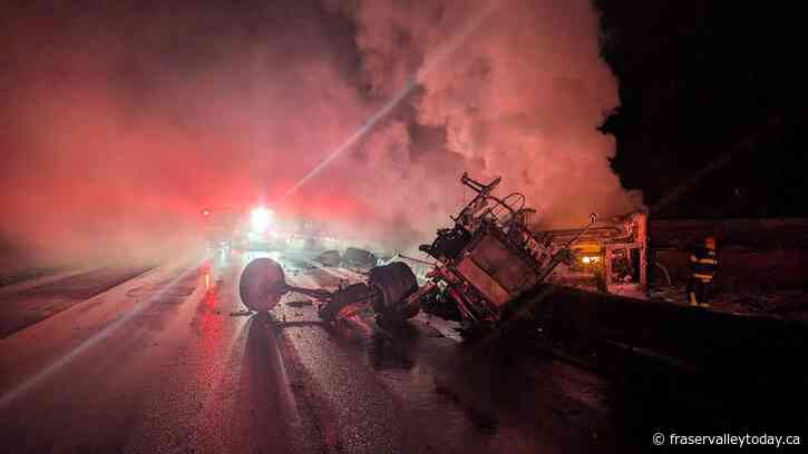 Update 7:40 a.m. Thursday: Highway 1 reopens through Langley after semi truck flips, catches fire