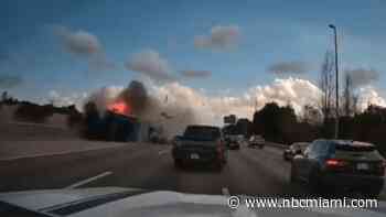 Wild video shows fiery tractor-trailer rollover crash on Turnpike in Broward