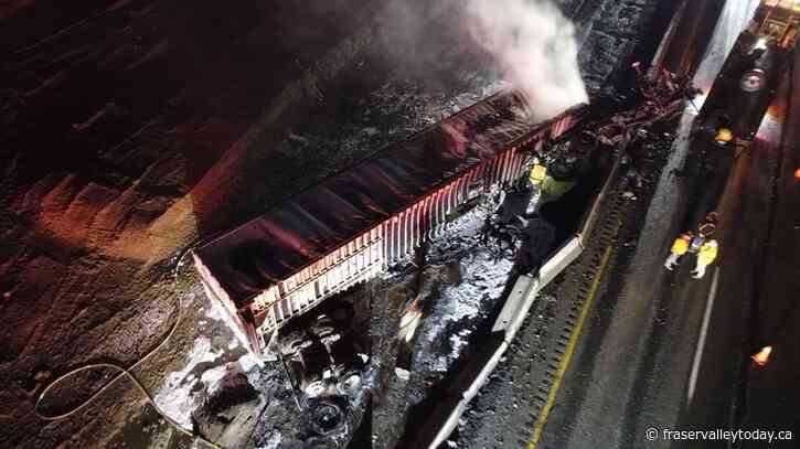 Semi truck flips and catches fire on Highway 1 in Abbotsford, B.C.