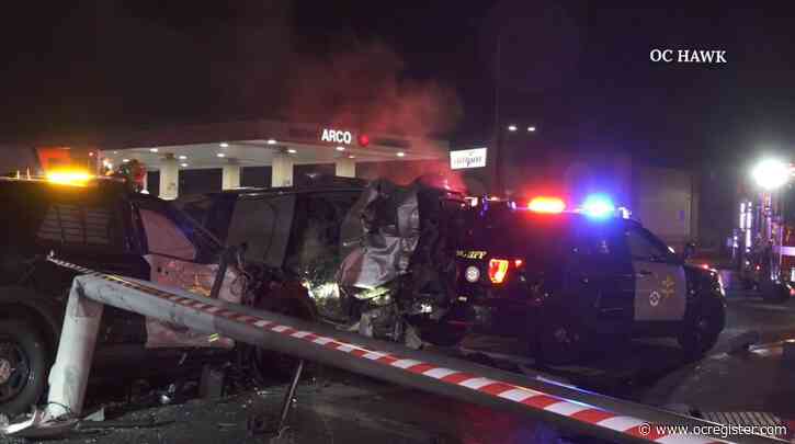 Two hospitalized after car plows into OCSD vehicles at Stanton gas station
