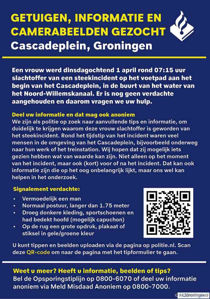 Steekincident Cascadeplein Groningen, 1 vrouw(47) gewond, politie zoekt tips (update)