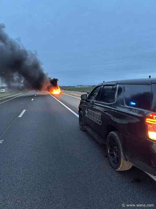 Car fire stalls traffic on I-69 northbound in Huntington County