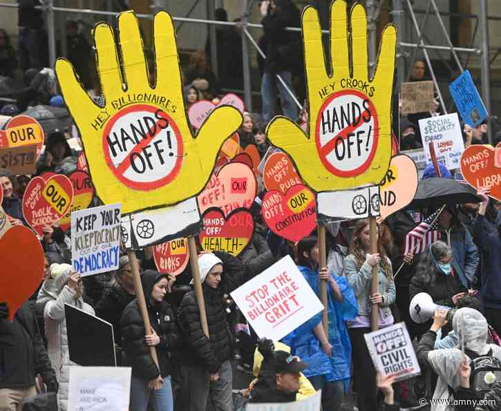 ‘Hands Off’ march in Manhattan sees tens of thousands protest Trump/Musk agenda and demand end to turmoil