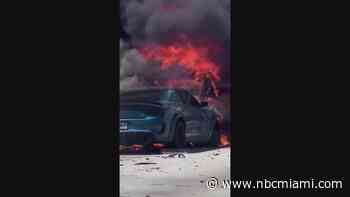 Videos shows car engulfed in flames on I-95