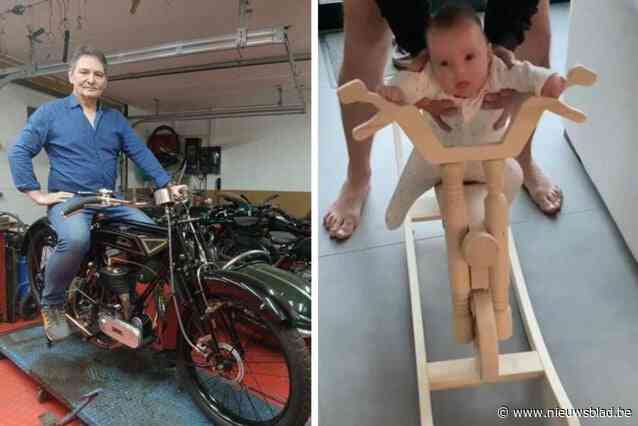 Kleindochter van restaurateur van vintage motorfietsen krijgt erg passend cadeau op babyborrel, en het grote exemplaar staat al op haar te wachten