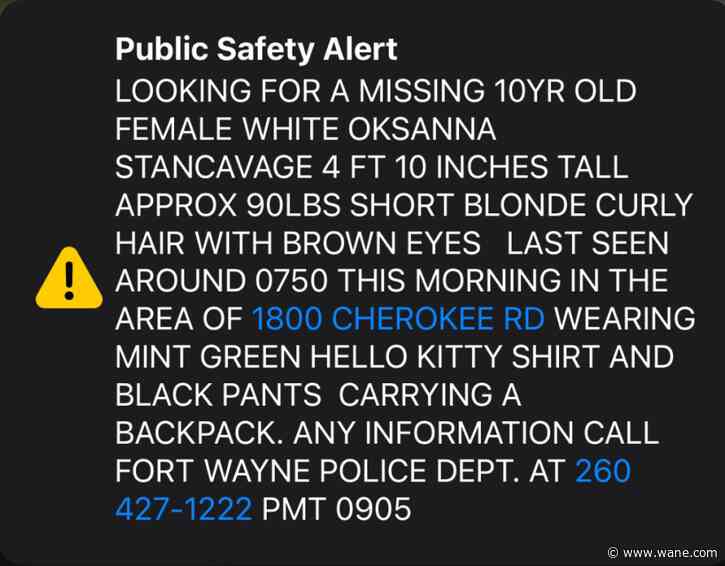 Fort Wayne police searching for missing 10-year-old girl