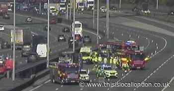 Two people in hospital after four-car crash ends in fire on M25 near Heathrow