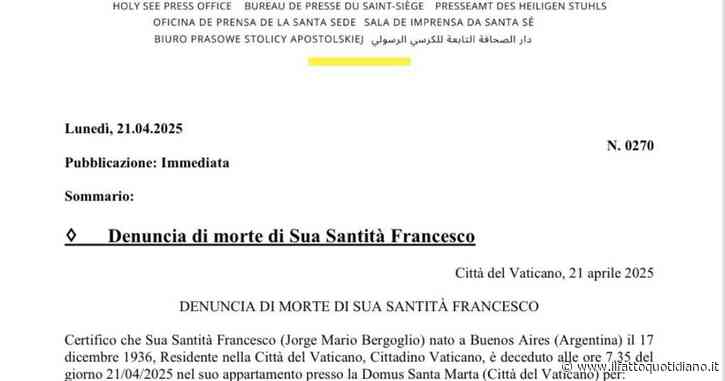 Papa Francesco, la nota sulle cause della morte: “Colpito da ictus cerebrale, coma e collasso cardiocircolatorio”