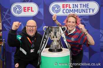 Newcastle United fans pictured with the Carabao Cup as trophy visits Gateshead