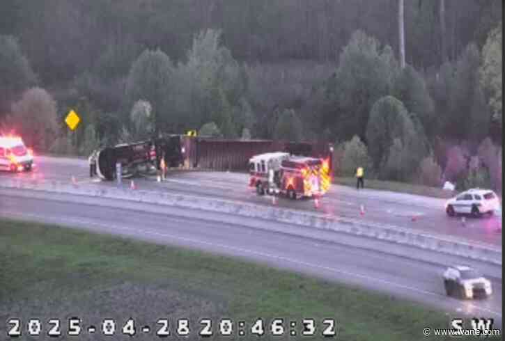 Tipped semi shuts down I-69 exit ramp in north Fort Wayne