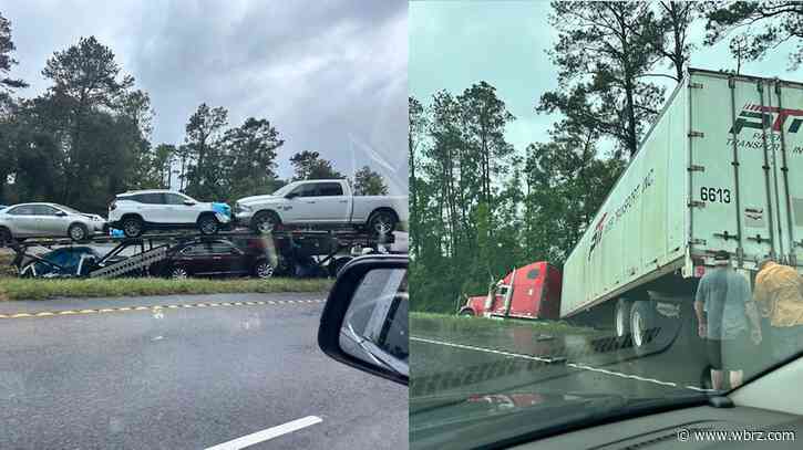 TEAM 2 TRAFFIC: 18-wheeler, car hauler off roadway at I-12 near Holden