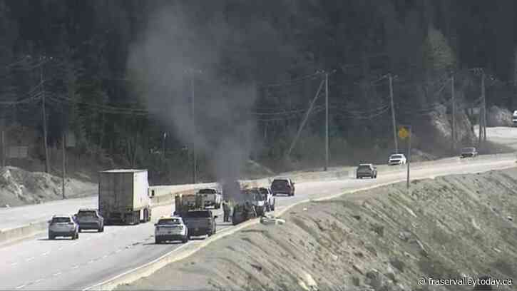 Traffic lane blocked due to car fire on Coquihalla Highway