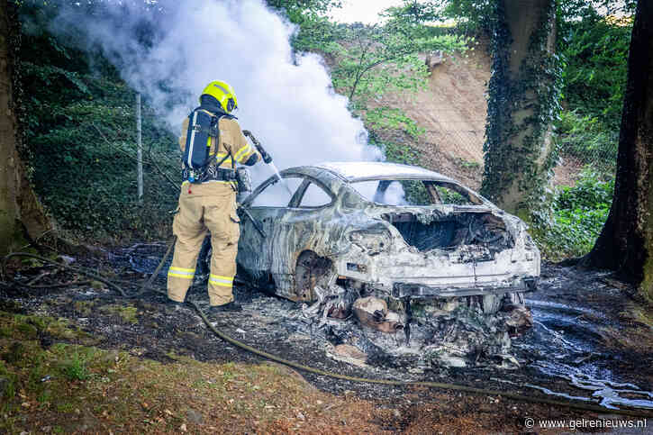 Auto volledig in brand tussen de bomen in Rozendaal