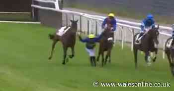 Viewers stunned as jockey grabs hold of two horses to save himself in middle of race