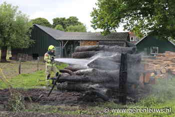 Boomstammen in brand achter boerderij