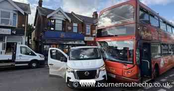 Crash between van and double decker tour bus blocks road