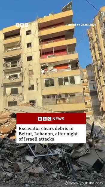 Excavator clears debris in Beirut, Lebanon, after Israeli strikes. #Lebanon #Israel #BBCNews