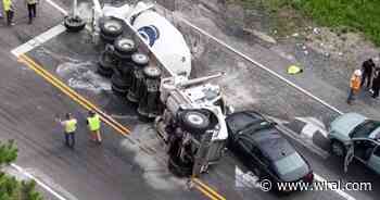 Overturned cement truck blocks Hodge Road at I-87 ramp in Knightdale