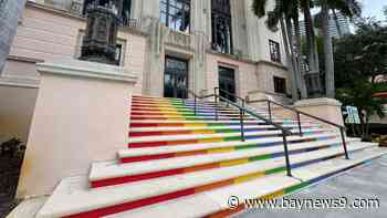 Steps of St. Pete City Hall adorned in pride colors