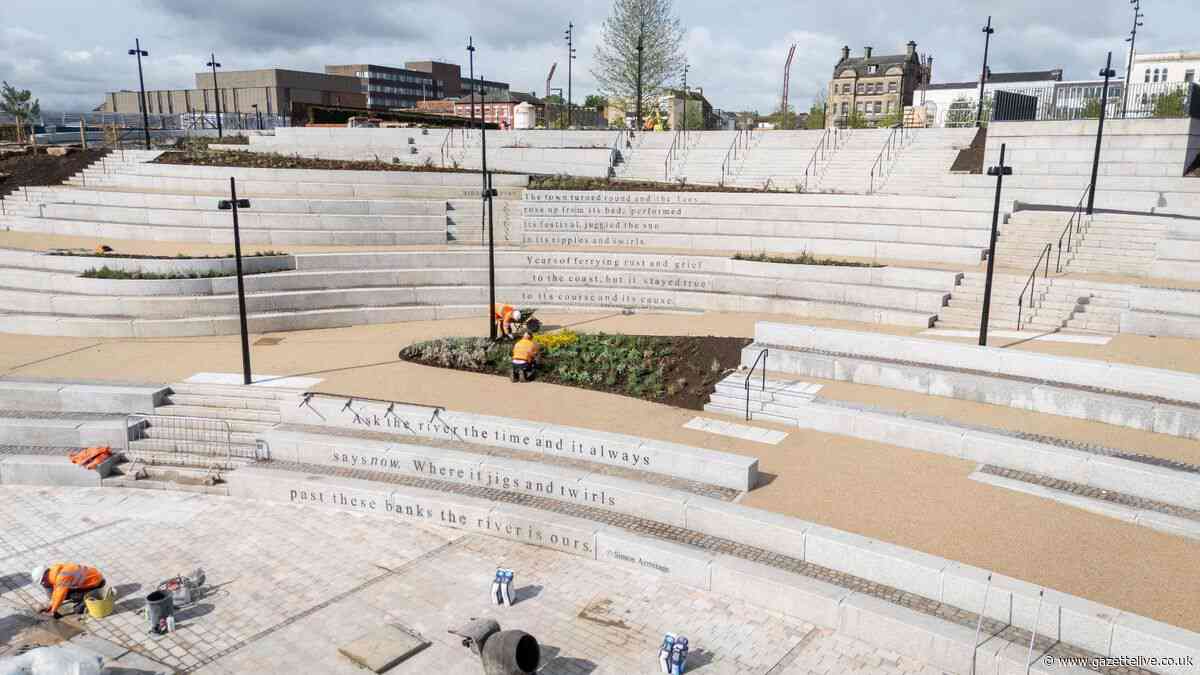 Poet Laureate Simon Armitage's poem adorns the steps of amphitheatre in Stockton Waterfront urban park