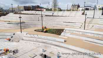 Poet Laureate Simon Armitage's poem adorns the steps of amphitheatre in Stockton Waterfront urban park