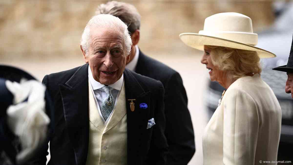 King Charles and Queen Camilla arrive at Epsom by helicopter as they make quick getaway from Peter Phillips' wedding