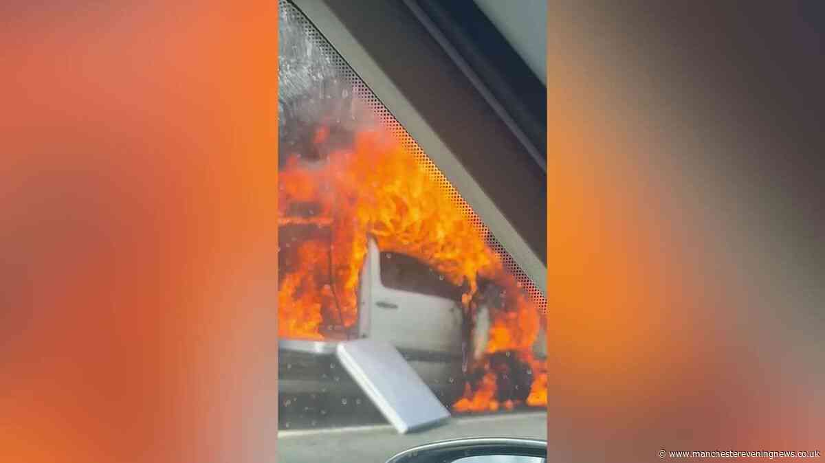 Van 'suddenly explodes' on M56 as passengers scramble to safety