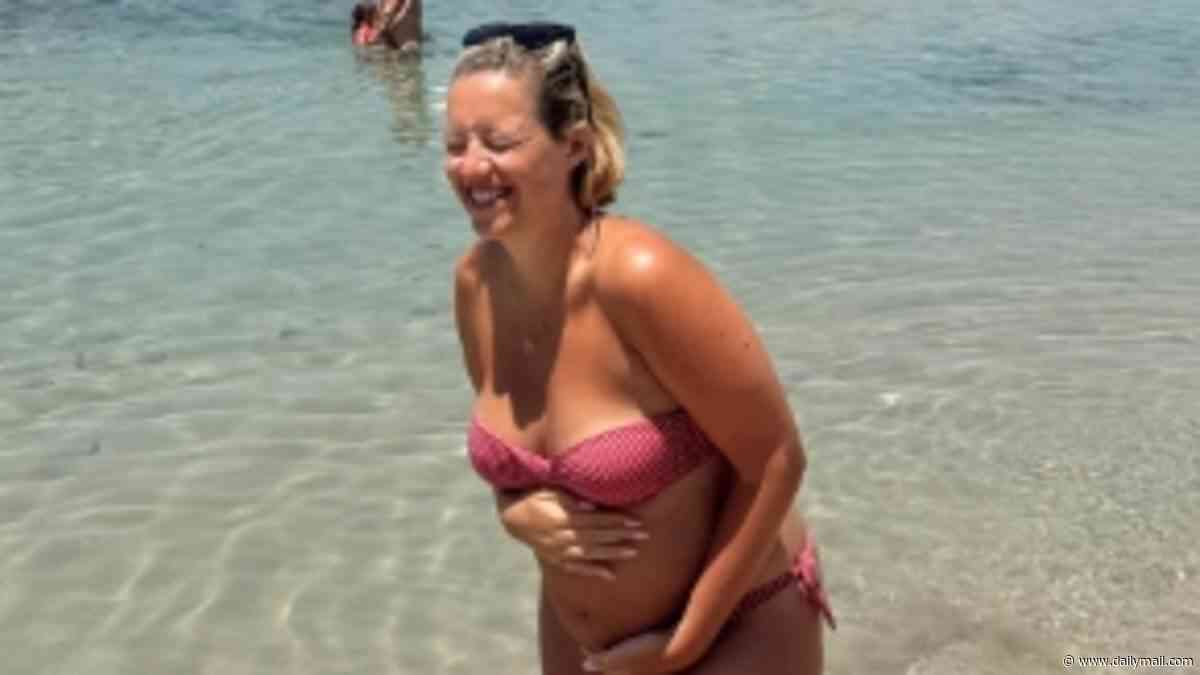 Pregnant Kelsey Parker proudly shows off her bump while on holiday in Rhodes with partner Will Lindsay after announcing they're expecting 'rainbow baby'