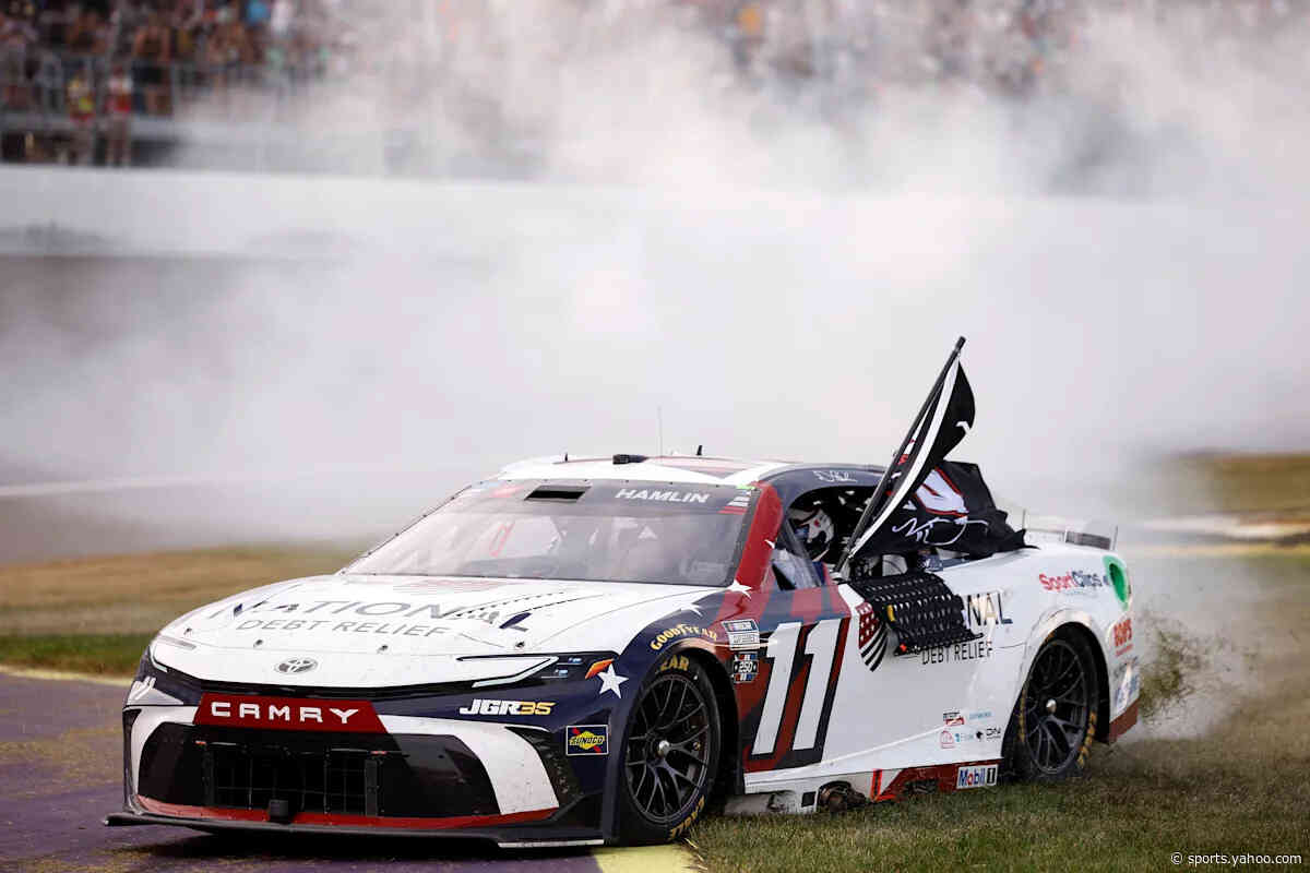 Denny Hamlin wins at Michigan after red flag for a nasty wreck between Christopher Bell and Chase Elliott that bent the wall