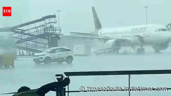 Watch: Indigo stepladder crashes into parked Air India aircraft at Delhi airport during sudden storms