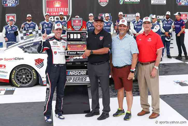 Denny Hamlin pays tribute to Kyle Busch after tying NASCAR record with FireKeepers Casino 400 win