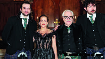 Brian Cox and wife Nicole pose with rarely-seen actor sons Orson, 24, and Torin, 21, as they toast their 25th wedding anniversary and his 80th birthday at a star-studded bash