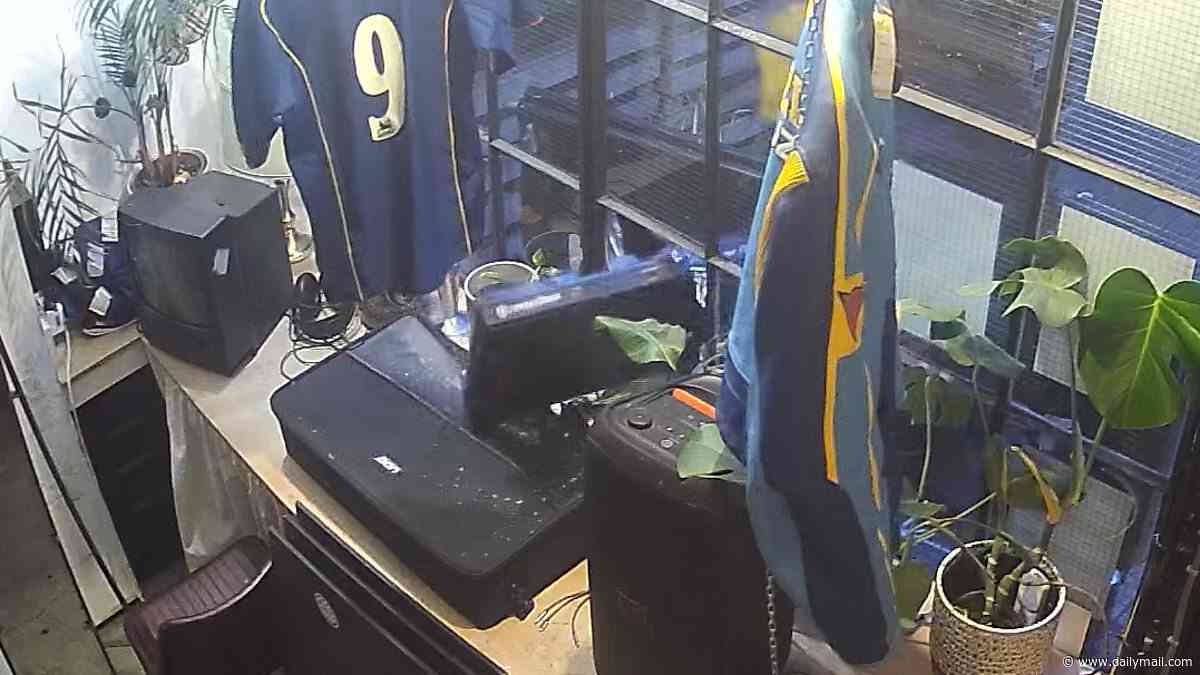 Moment thief uses 'hippy crack' canister to smash a vintage store's window before stealing £2,000 DJ decks