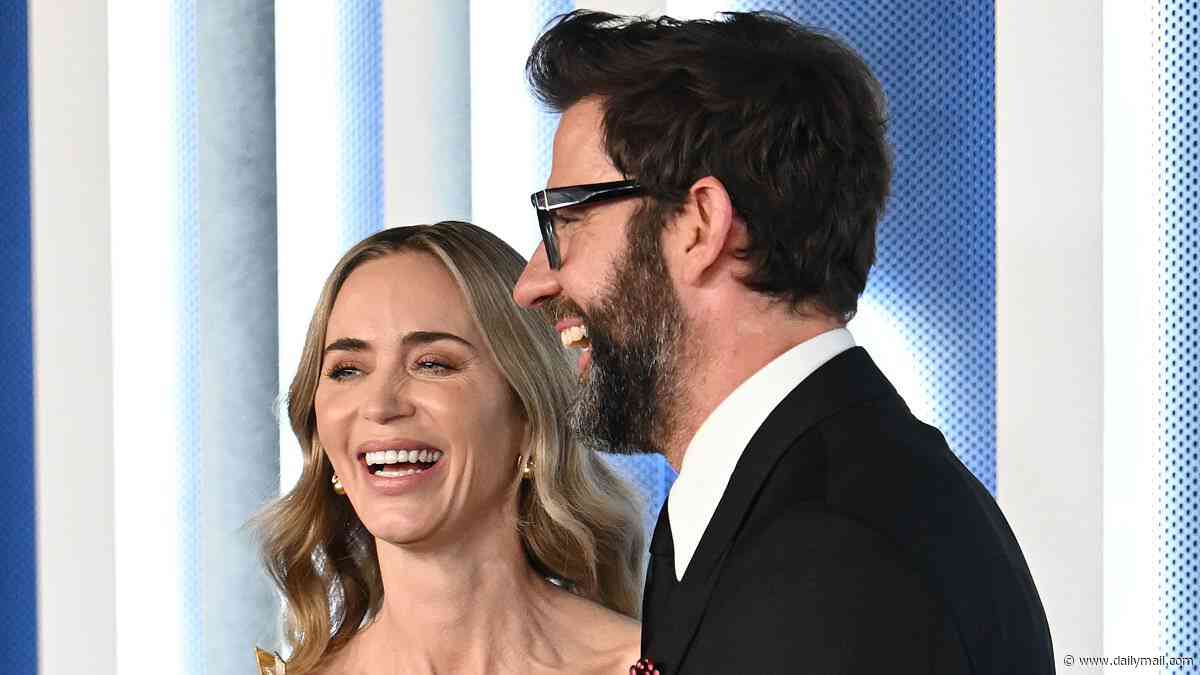 Emily Blunt dazzles in a plunging cream gown as she enjoys a red carpet date night with John Krasinski at the Disclosure Day premiere in New York
