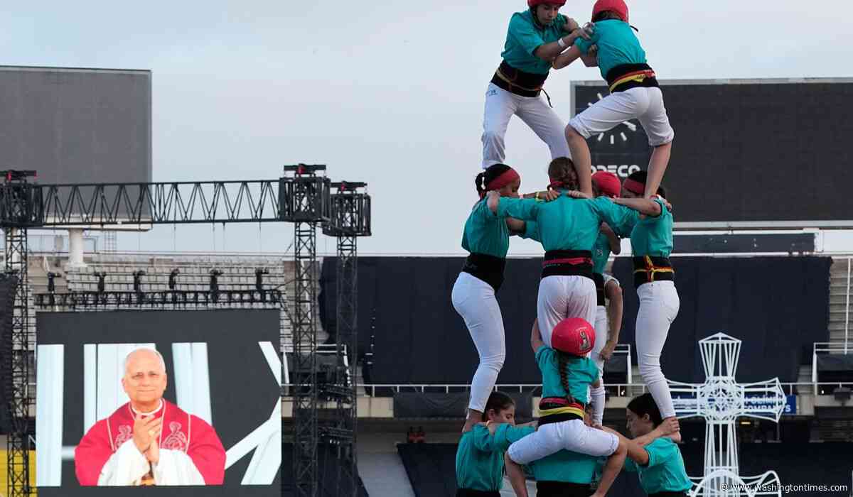 Catalonia's famed human tower climbers greet Pope Leo in Barcelona