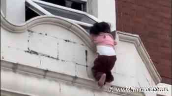 Terrifying moment toddler dangles from ledge in East London as horrified onlookers watch