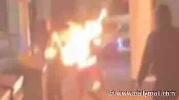 Moment Belfast rioter sets himself on fire as gang hurls Molotov cocktails at house: Police say 12 officers were injured and 16 people arrested during second night of violence