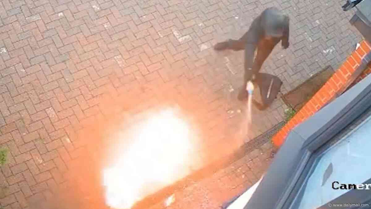 Moment Imam's family home is 'firebombed' by masked thug in terrifying attack