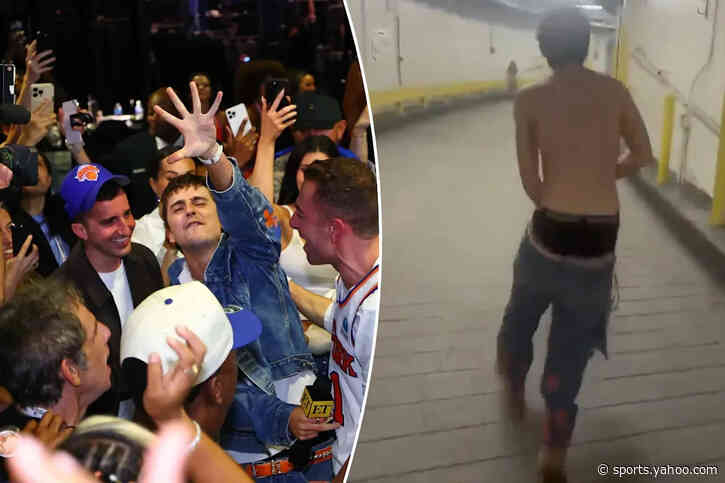 Timothee Chalamet rips off shirt, grabs microphone as Knicks celebration gets crazy