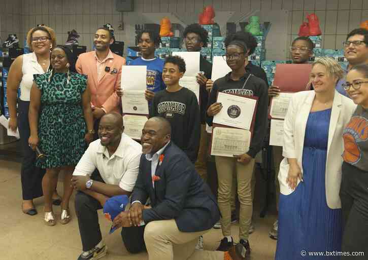 NBA champion Shaquille O’Neal provides free sneakers for middle school students at M.S. 180