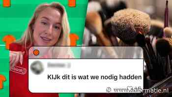 Kruidvat-medewerker legt make-up uit in voetbaltermen en klanten hangen aan haar lippen
