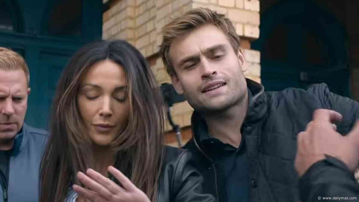 Michelle Keegan and Douglas Booth show off their brewing chemistry in first trailer for police thriller The Blame after she shared how they bonded over 'quizzes and food'