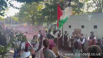 Moment protesters block prison van outside London court as Palestine Action factory raiders are jailed